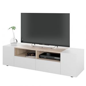 <ul><li>Medidas móduloTV: 138 cm (ancho) x 34 cm (alto) x 40,2 cm (fondo).</li><li>Medidas espacios de almacenaje visibles 12,3 cm (alto) x 43 cm (ancho).</li><li>Diseñada con materiales de calidad, estructura acabada en color blanco artik y frontales en color Roble Canadian.</li><li>Módulo TV compuesto por cuatro puertas, ofrece dos verticales en cada extremo del mueble. En el centro del módulo encontramos dos puertas horizontales, encima de estas están ubicados los dos compartimentos donde podrás almacenar y colocar todos tus dispositivos electrónicos.</li><li>Mueble kit de fácil montaje, se entrega con las instrucciones de montaje y sus correspondientes herramientas para su optimo montaje.</li></ul>