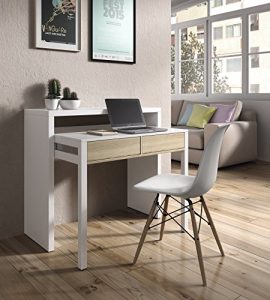 <ul><li>Tipo de producto: Mesa escritorio extensible</li><li>Tiene un diseño moderno y multifuncional</li><li>Viene con las dimensiones 98,5 x 70 x 87,5 cm</li><li>Es adecuado para estancias de tamaño reducido</li><li>El acabado es en color blanco combinado con cajones en roble canadiense</li></ul>